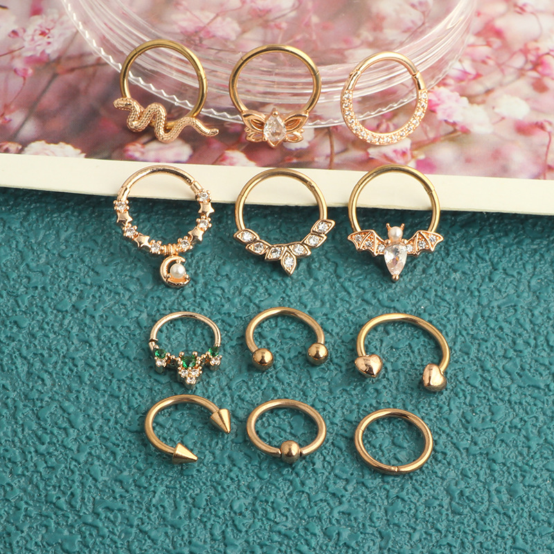 12Pcs Stainless Steel Open Nose Ring Set European American Bat Zircon Earrings Nose Stud Piercing Jewelry detail image 7
