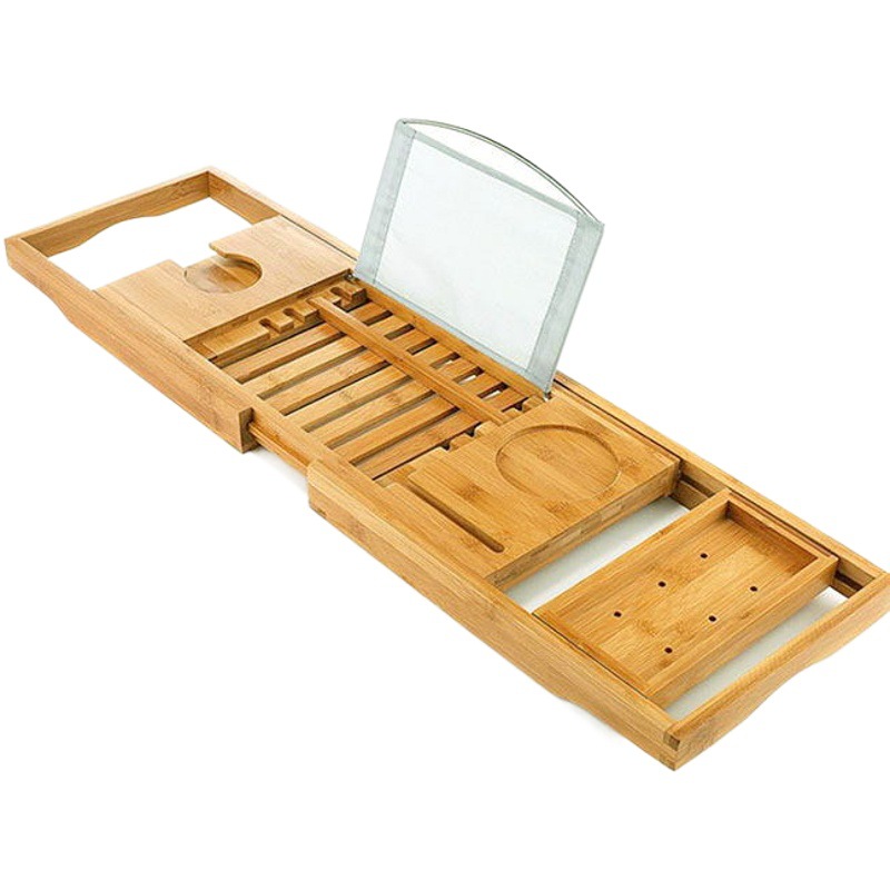Bambú retráctil baño estante bañera bandeja cama y desayuno baño teléfono móvil estante de almacenamiento plana antideslizante bambú bañera rack