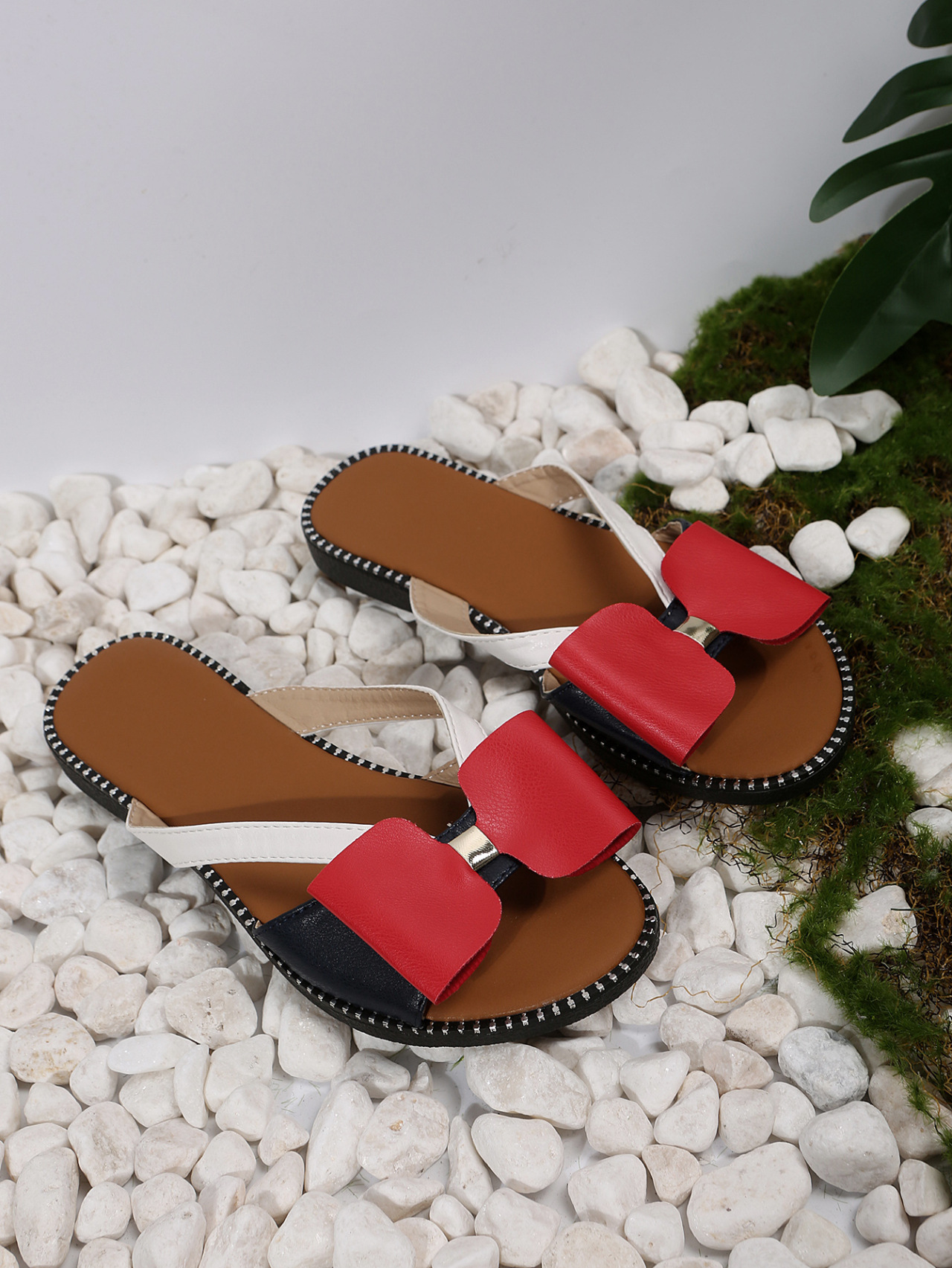 Women's Colour Block Suede Pu Sandals Flat Bow Summer Beach Shoes_voghion.com