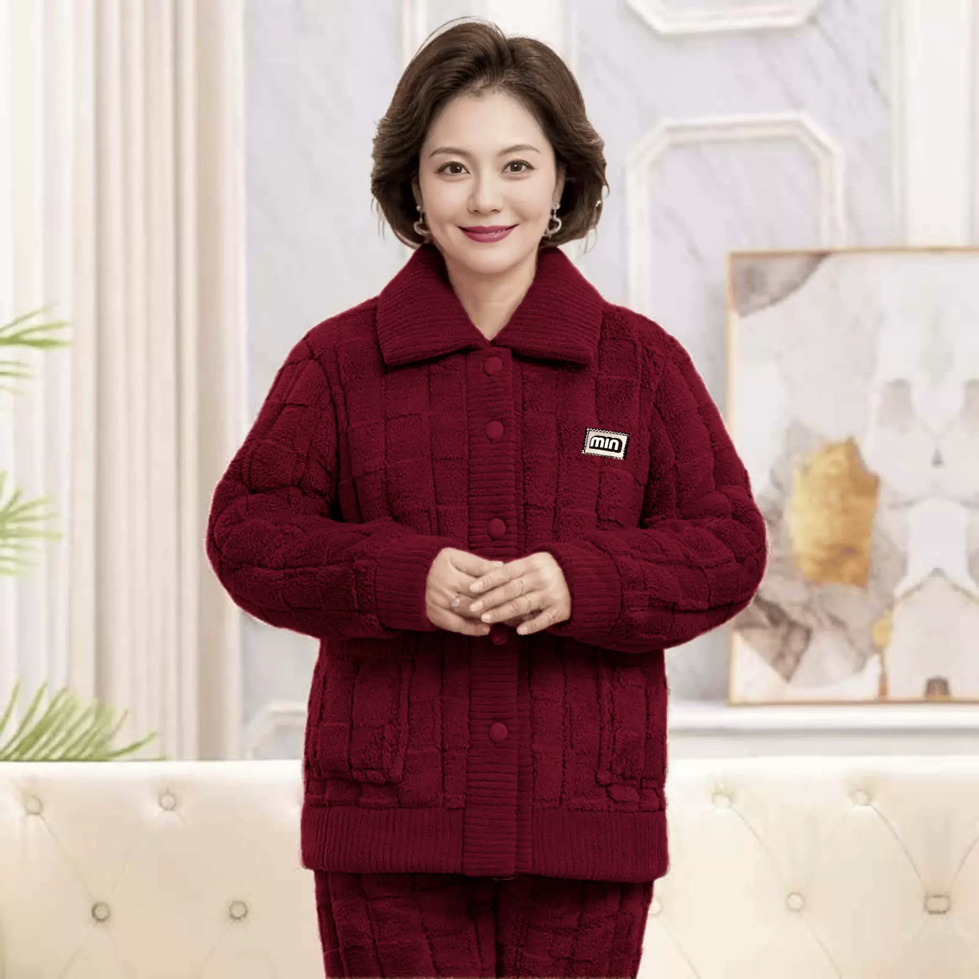 中老年睡衣女冬季法兰绒三层夹棉加厚加绒妈妈套装冬装保暖家居服