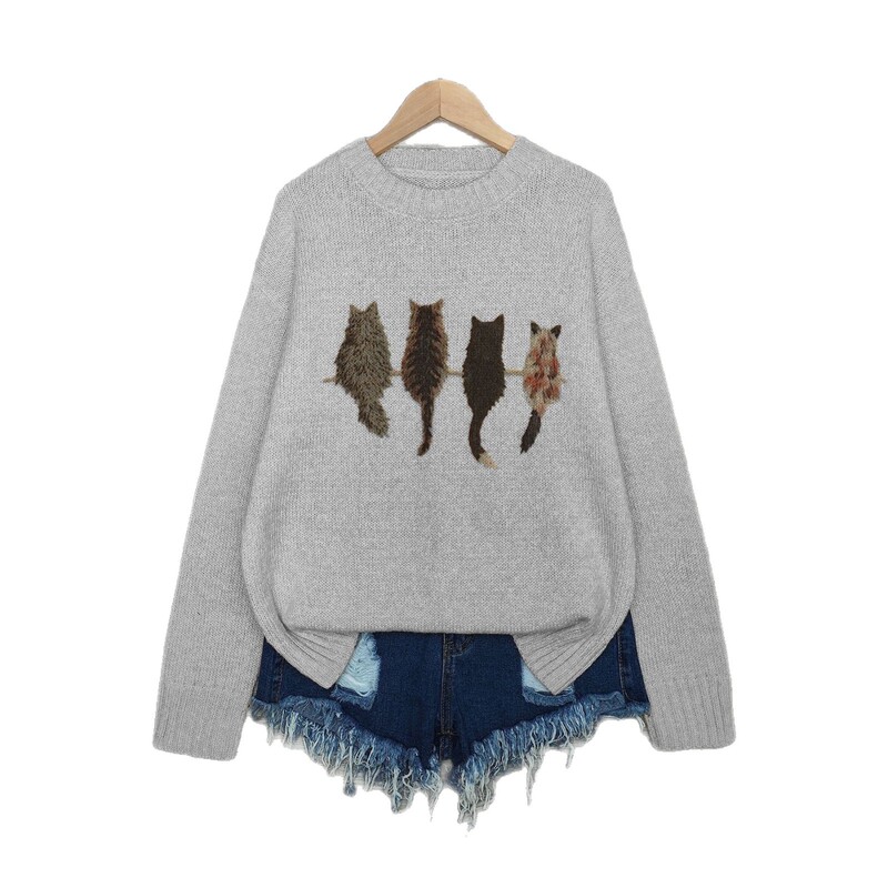 Amazon Foreign Trade Cross-Border Round Neck Contrasting Color Cat Print Loose Casual Woolen Pullover Top Amazon Foreign Trade Cross-Border Round Neck Contrasting Color Cat Print Loose Casual Woolen Pullover Top