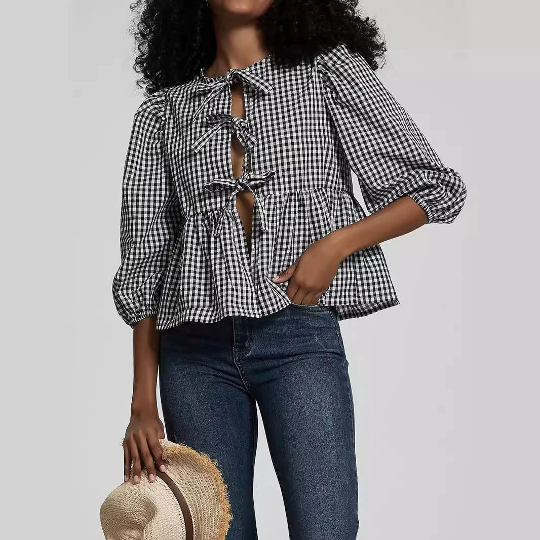 Трансграничная женская оптовая продажа в европейском и американском идиллическом стиле черно-белая клетчатая рубашка с шнуровкой сладкий топ летом