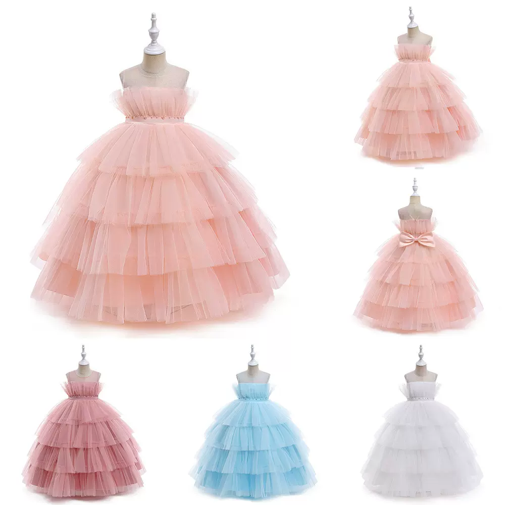 跨境年新品多层蛋糕裙公主纱裙儿童礼服钉珠钢琴走秀表演花童礼服