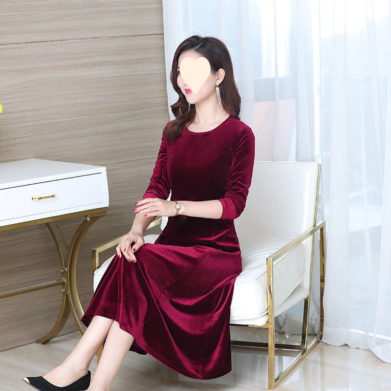 连衣裙女秋冬新款金丝绒连衣裙女中长款修身大码妈妈裙女装|undefined