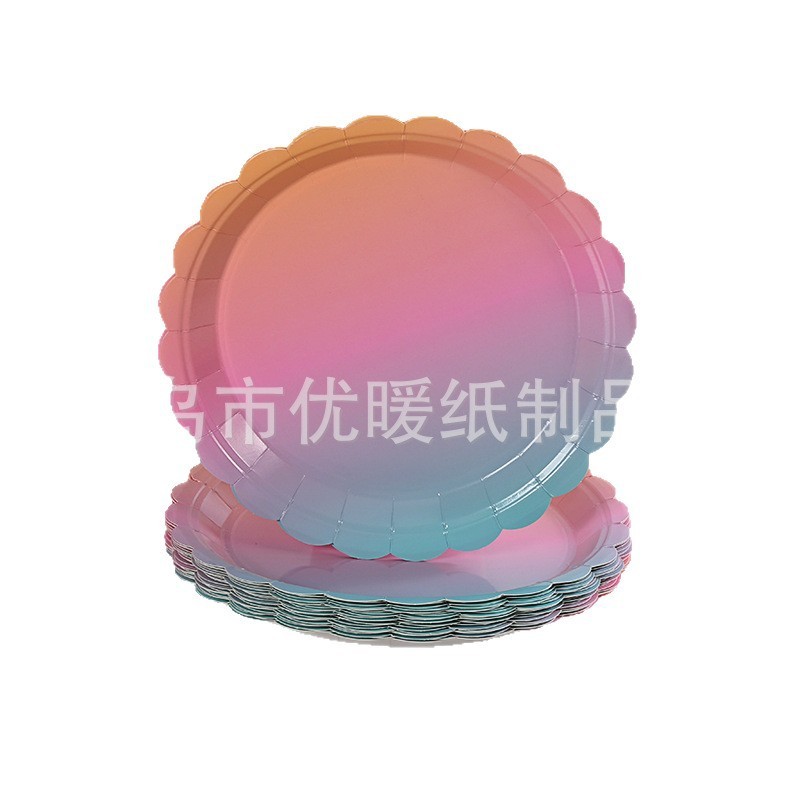 现货亚马逊异型彩虹渐变粉花边一次性生日餐具套装派对布置四件套|undefined