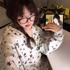 美式复古慵懒风碎花连帽卫衣女春秋宽松潮牌oversize拉链开衫外套