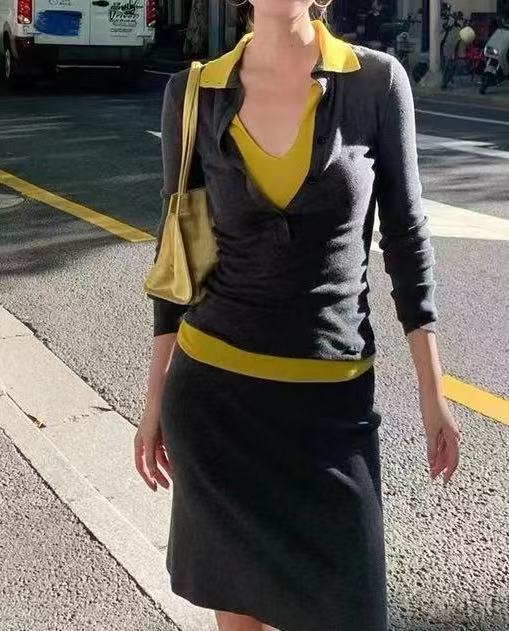 甜酷风POLO领撞色假两件长袖针织衫女秋季设计感修身显瘦气质上衣|undefined