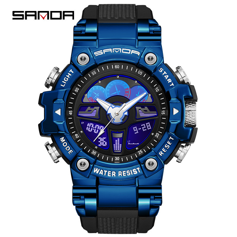 Sanda hasta mano luz reloj negro tecnología multi-funcional volante deportes volante reloj de alarma impermeable reloj masculino 3156