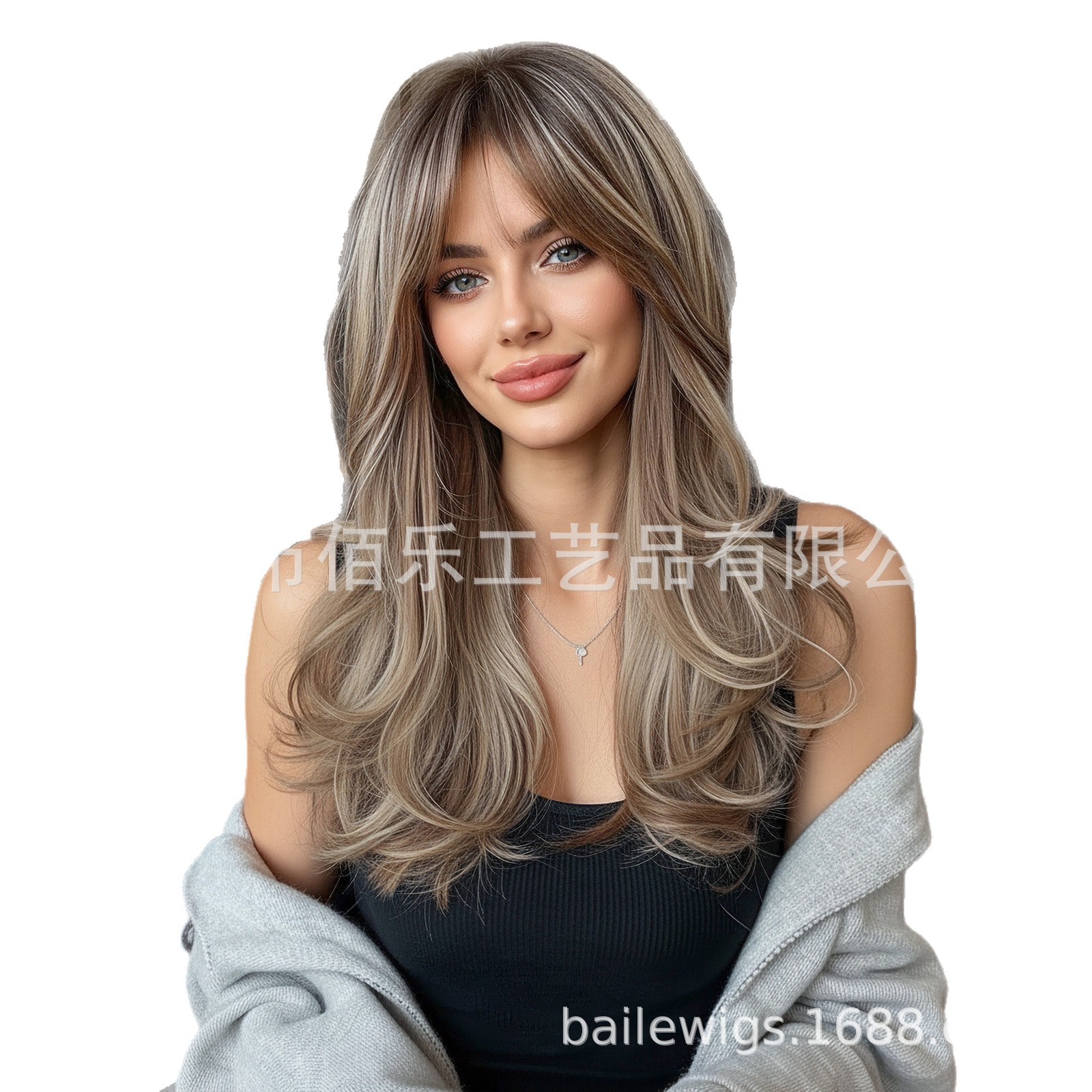 Peruca de mujer cubierta de cabeza marrón Qi Liuhai cabello largo rizado fibra química cabello de mujer al por mayor al por mayor punto transfronterizo Xu Chang pelucas