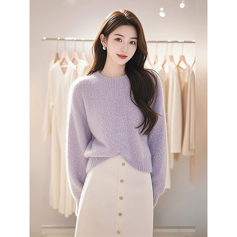 2024 Уникальный супер красивый дизайн чувство нишевого высокого чувства утолщение и темперамент фиолетовый вязаный свитер женский осень и зима