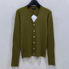 V领十二针坑条开衫女士长袖外搭上衣针织衫