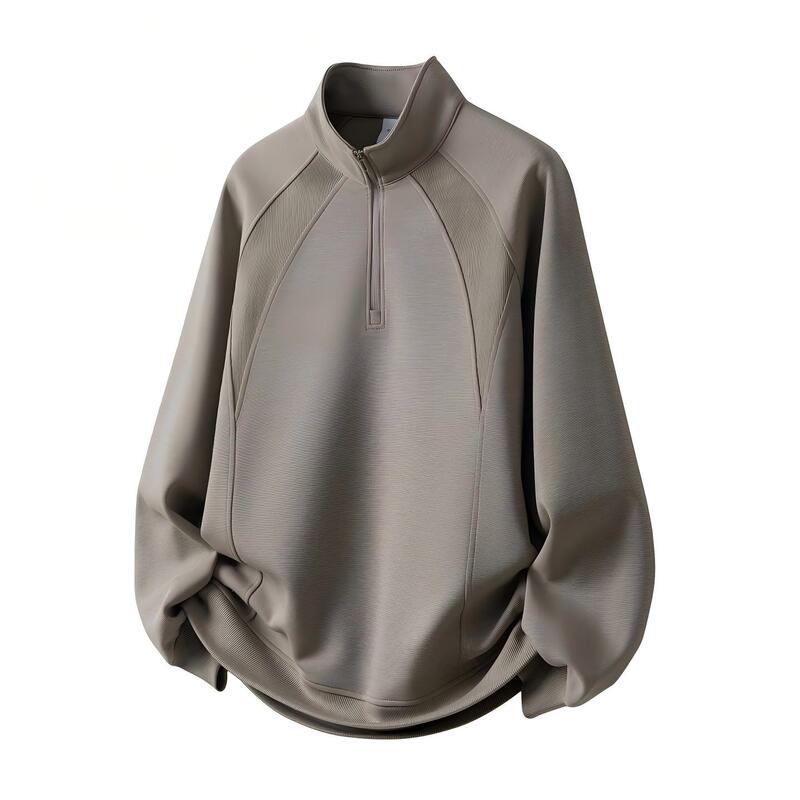 American retro deconstructed style half-zip stand-up collar sweatshirt for men, loose fit, patchwork design, suitable for spring and autumn, heavyweight, plus size, long-sleeved top