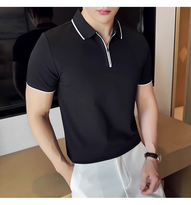"Men's Slim-Fit Zip Polo Shirt – Breathable Cotton Short Sleeve With Embroidered Detail, Business Casual Summer Top (3 Colors, Sizes M-XXXXL)"_viptrois.com