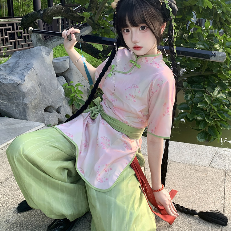 2026 Original Chinese Girl Cosplay Little Chef Stand-up Collar Cheongsam Lantern Pants Little Fairy Martial Arts Style for Daily Commuting 2026 Original Chinese Girl Cosplay Little Chef Stand-up Collar Cheongsam Lantern Pants Little Fairy Martial Arts Style for Daily Commuting