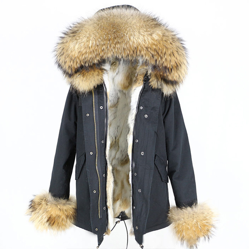 Women's Clothing Removable thickened rabbit fur lining new women's parka oversized raccoon fur collar fur short coat_voghion.com