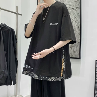 腰果花短袖t恤男2022夏季嘻哈假两件上衣服潮牌宽松痞帅五分体恤
