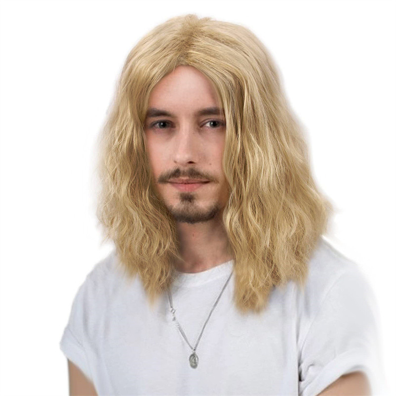 Aliexpress Cross-Border Foreign Trade Men's Shoulder-Length Curly Wig Stylish Corn Wave European and American Fashion Synthetic Fiber Full Wig