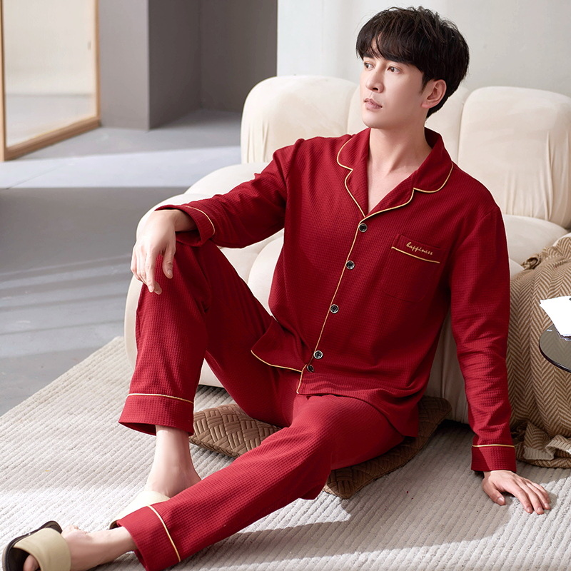 Otoño de los hombres recién casados de algodón de manga larga de color rojo brillante ropa para el hogar cardigan festivo de algodón puro más el traje de tamaño pijama de los hombres