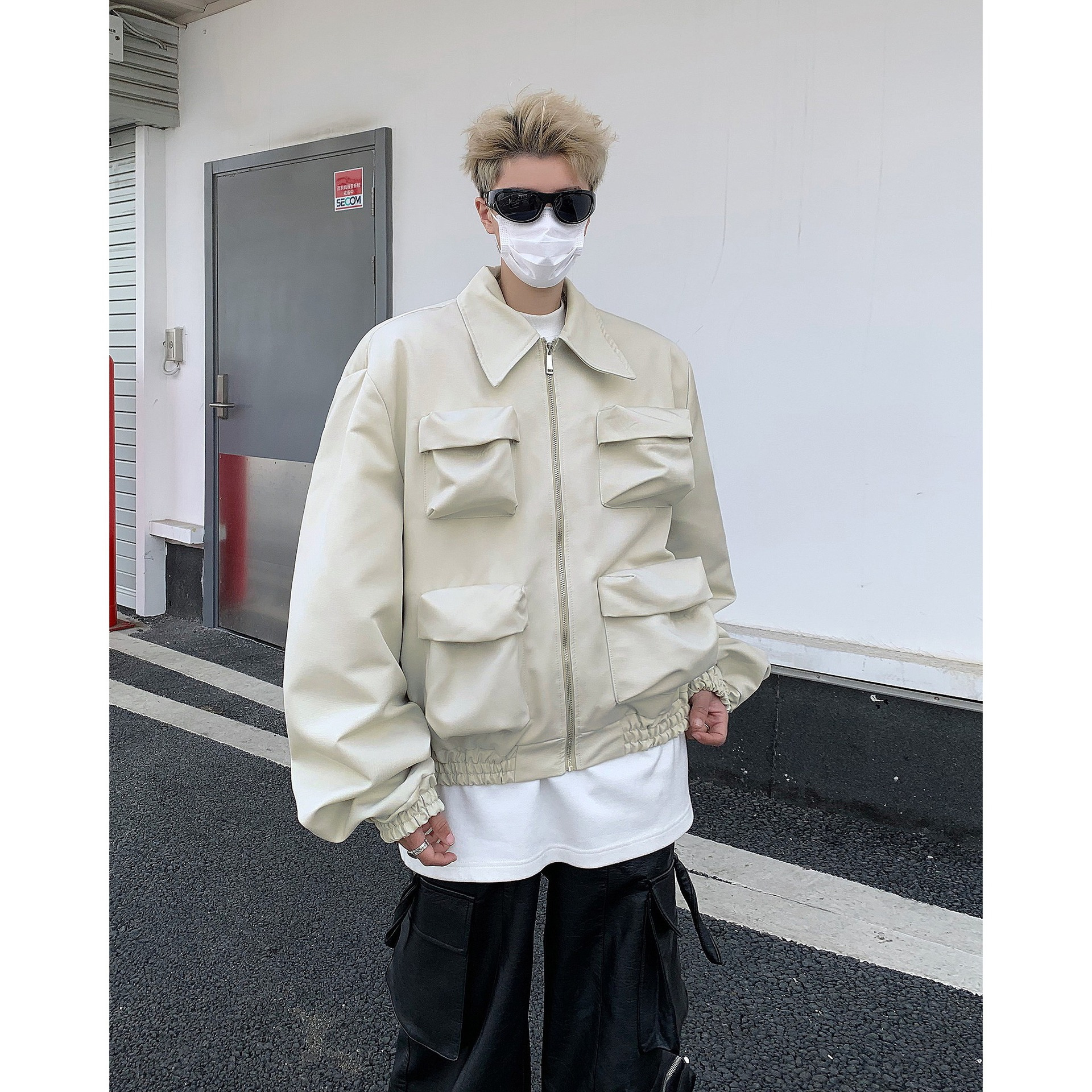 Autumn solid short shoulder pads, jacket with zipper, Korean style
