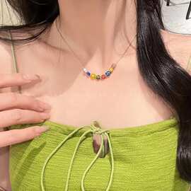 夏季氛围感~彩色小花串珠项链女可爱网红锁骨链2022年新款潮