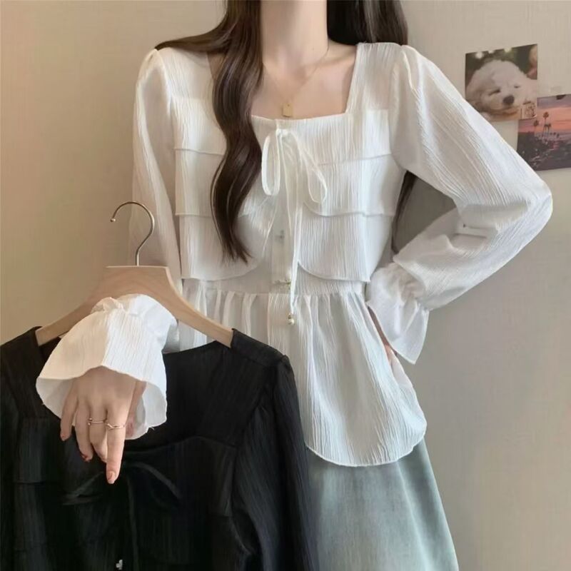 Spring and Autumn New Style Plus-Size Loose-Fitting Shirt That Covers the Belly, Versatile for Slightly Plump Figures, with Irregular Design and Ruffled Square Collar Top