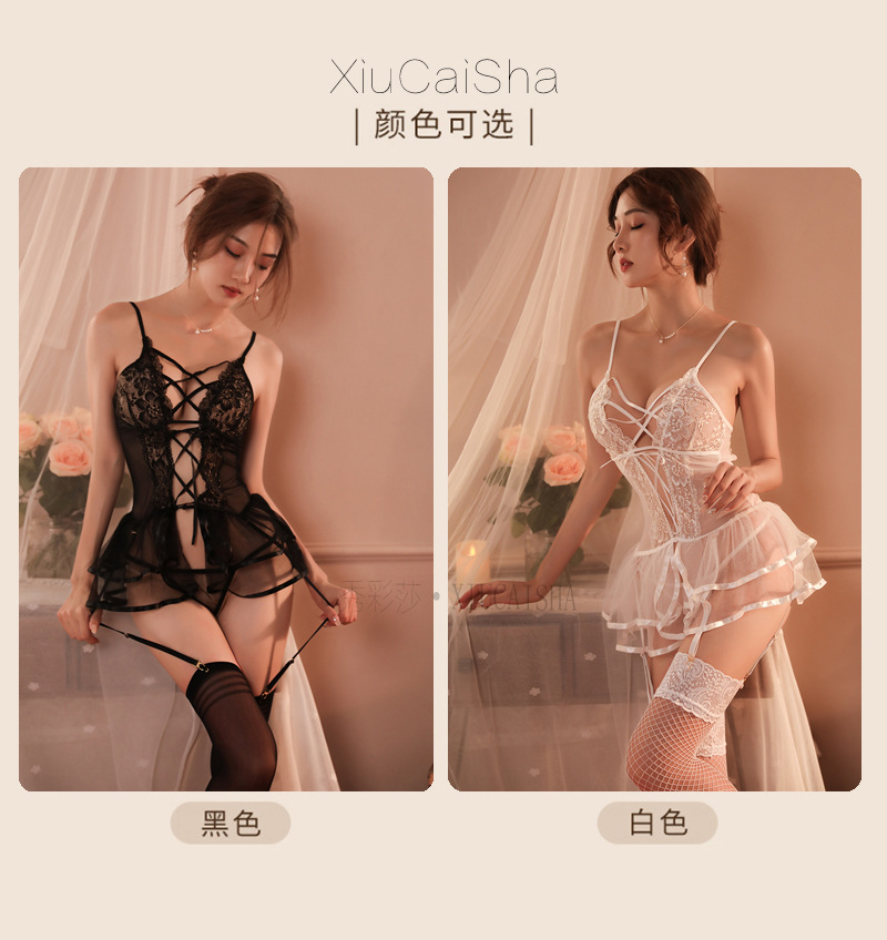 Lace Cross-Strap Babydoll with Garter Belt and Panty, White One Size — detail image 5