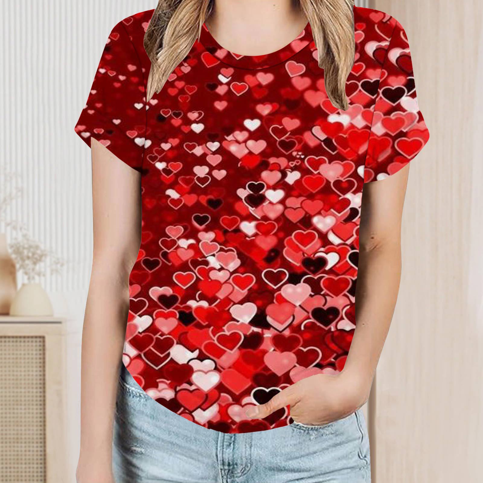 Női kerek nyakú és rövid ujjú póló Valentin-napra szerelmes páros póló digitális nyomtatású rövid ujjakkal._voghion.com