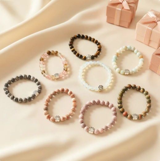 Cross-Border 8mm Pet Paw Print Bracelet Tiger Eye Turquoise Amazonite Elastic String Beaded Bracelet Gift
