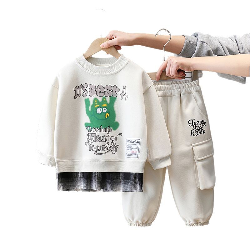 7676 Traje de primavera para niños 2025 Ropa de moda falsa de dos piezas para niños Primavera y otoño Suéter y pantalones de dos piezas Primavera