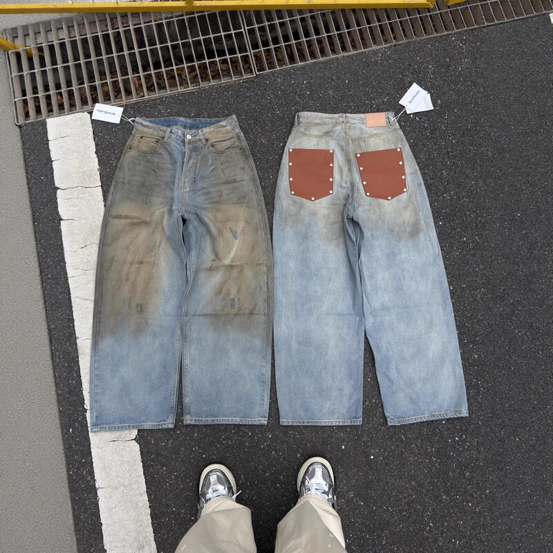 Cross-Border Trendy Brand Ac Retro Distressed Rivet Patchwork Leather Pocket 1981m Mud-Dyed Dirty-Look Loose Wide-Leg Jeans Cross-Border Trendy Brand Ac Retro Distressed Rivet Patchwork Leather Pocket 1981m Mud-Dyed Dirty-Look Loose Wide-Leg Jeans