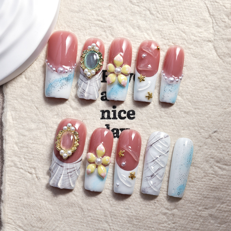 10Pcs 3cm Water Pipe Yellow Powder Ocean Carving Export to Europe and America Pure Handmade Press-On Fake Nails Ice Transparent