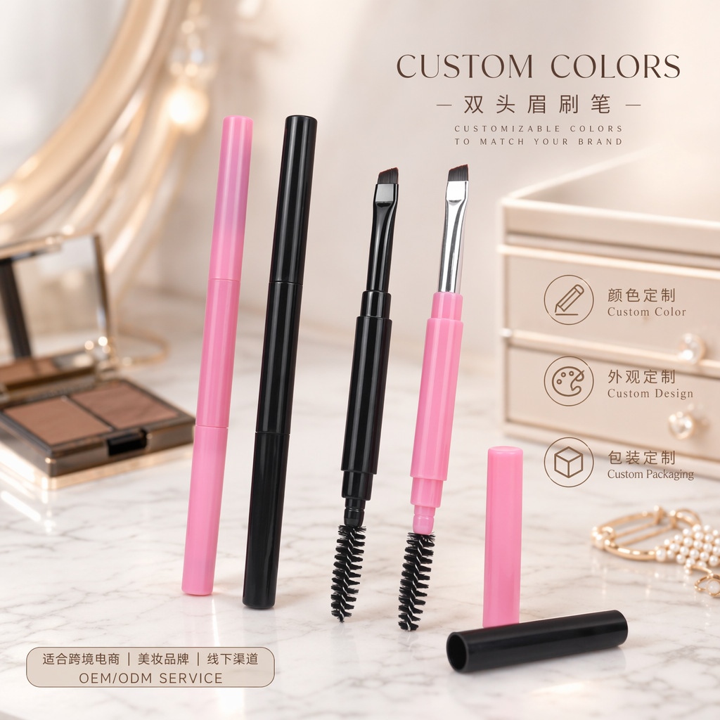 Double-Ended Eyebrow Brush with Cover, Flat-Head Beveled Soft-Bristled Blade Brush, Grafted False Eyelashes, Eyebrow Combing, Tower-Shaped Spiral Brush