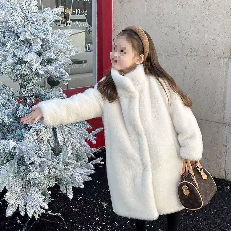 皮毛一体仿水貂毛女童仿皮草外套加厚洋气中长款毛毛大衣潮