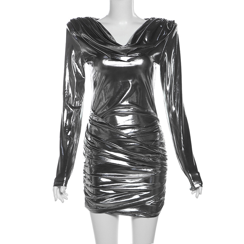 Winter Women Clothing Sexy Swing Collar Long Sleeve Pleated Glossy Sheath Sexy Short Dress