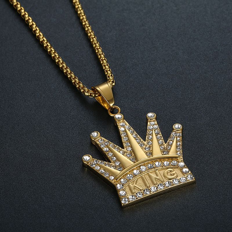European And American Hip-hop Hiphop Jewelry Titanium Steel/stainless Steel Gold-plated Diamond KING King Crown Pendant Necklace