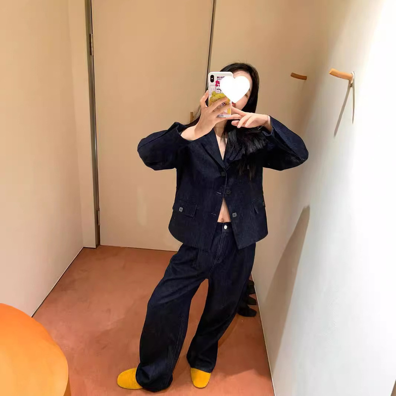 Ms Beatles Original Color Denim Yuppie Suit Classic Notch Lapel Jacket Straight-Leg Pants