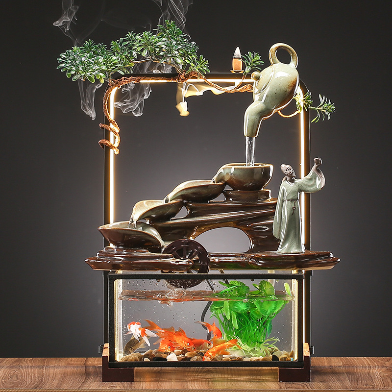 新中式创意假山流水器鱼缸景观办公室桌面摆件装饰客厅开业礼品|ms