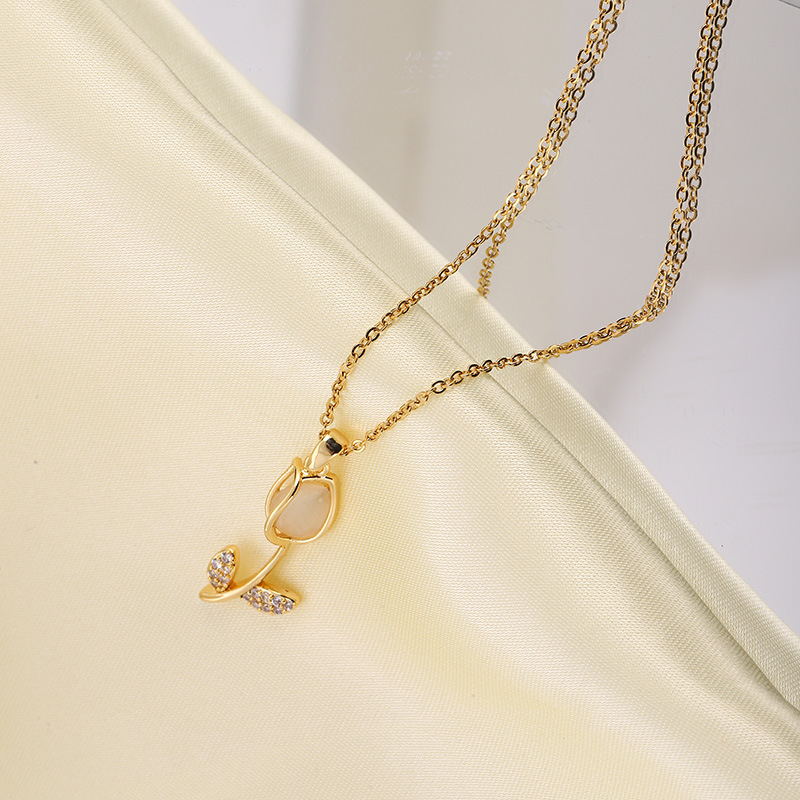 Cat's Eye Stone, Zircon Inlay Material Pendant Necklace Classification Wholesale Jewelry Casual Simple Style Tulips Titanium Steel Cat's Eye Stone Zircon Inlay Cable Chain Pendant Necklace