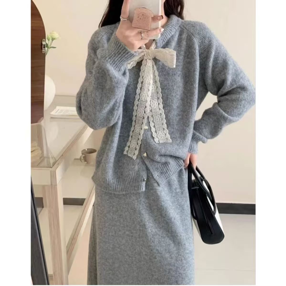 韩系学院风毛衣针织连衣裙子女秋冬穿搭一整套小个子外搭套装