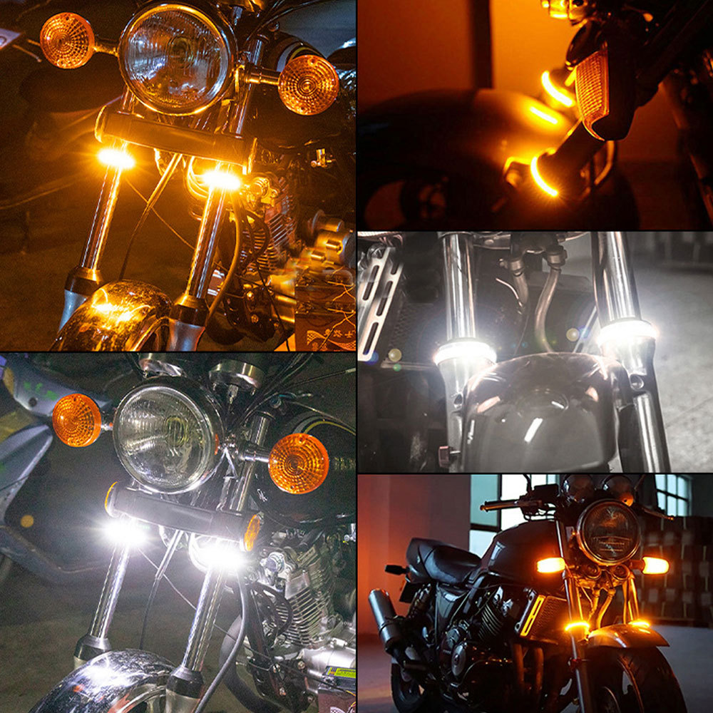 Motorcycle Led Turn Signal Light White and Yellow Dual-Color Front Shock Absorber Light Strip Motorcycle Circular Turn Signal Warning Light