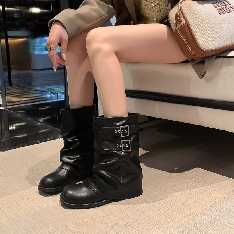 厚底真皮马丁靴女2025年新款黑色短靴西部中筒靴皮带扣皱褶裤管靴|undefined
