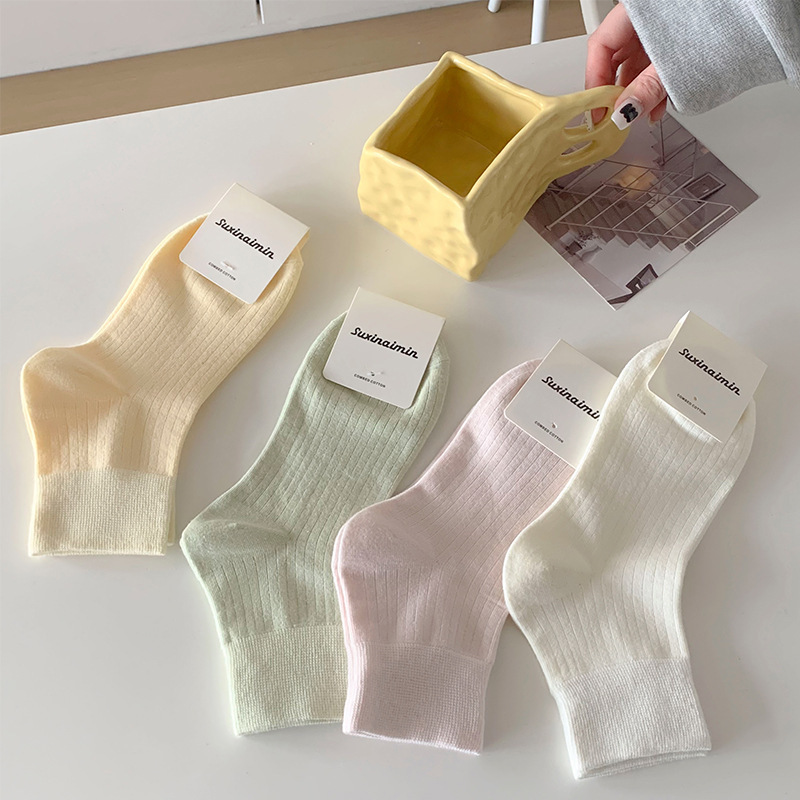 Miu Style Low-top Wide Socks Women's Spring and Summer Japanese Style Vertical Striped Short Socks Grey Low-top Cotton Socks Short Socks