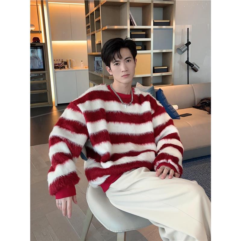 Winter Thickened Mohair Striped New Year Red Sweater Men's Korean Style Couple's Round Neck Sweater Top Drop Shipping