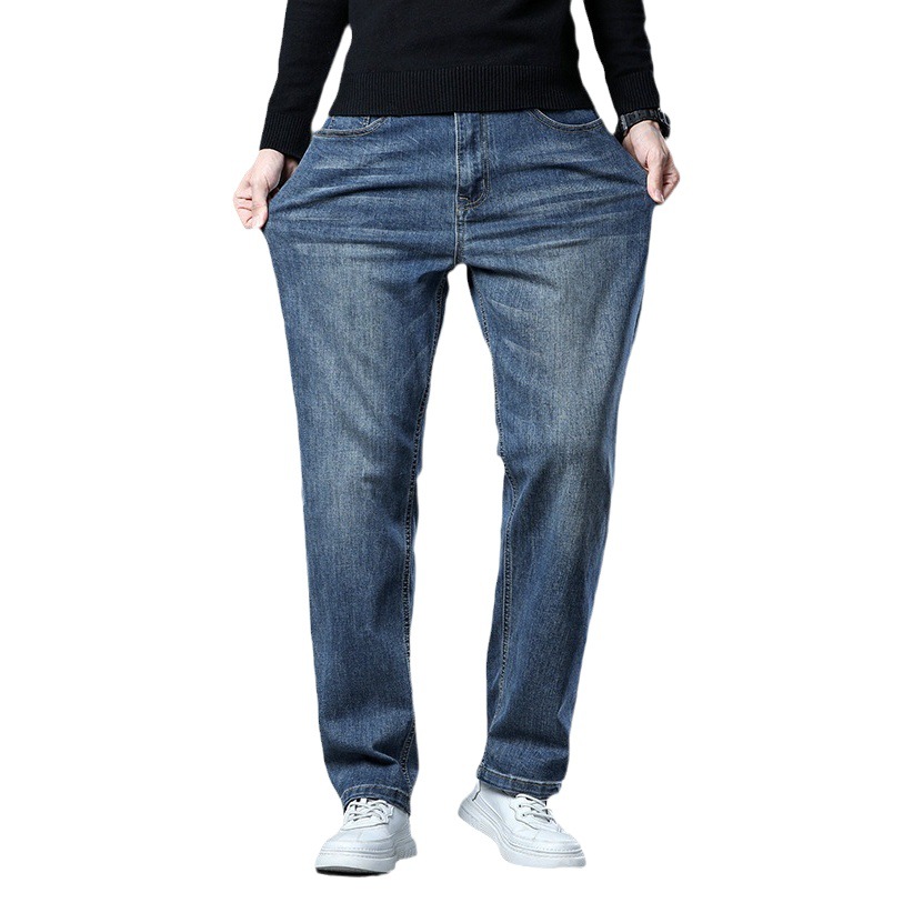 2025 nuevos jeans hombres sueltos rectos primavera y verano piernas anchas más pantalones elásticos de talla grande gordos transpirables