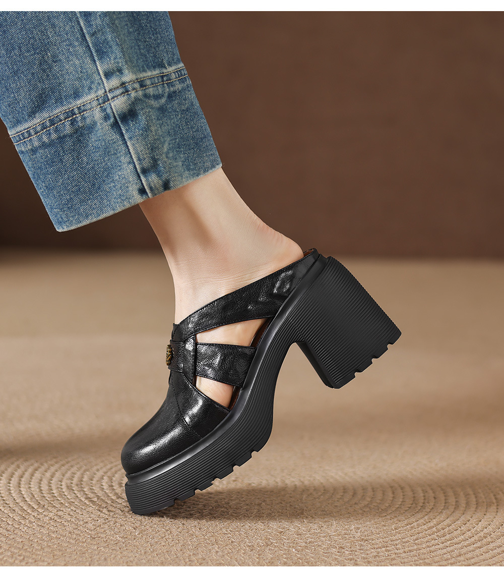 Sandal cao gót nữ mũi kín hở mũi đế dày gót thô 9 cm — màu đen, màu trắng ngà chi tiết 18