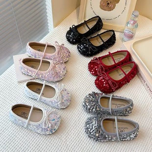 Children's Small Fragrant Leather Shoes, Children's Flats, Women's Summer Korean Style Girls' Soft-Soled Princess Shoes, Sequined Shallow Mouth Bean Shoes