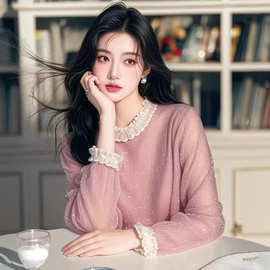 时尚高级感春装新款女装法式设计绝美减龄小香风粉色拼接细闪衬衫