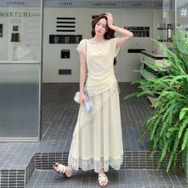 温柔风蕾丝拼接斜肩上衣半裙套装女夏季新款小个子显瘦气质两件套