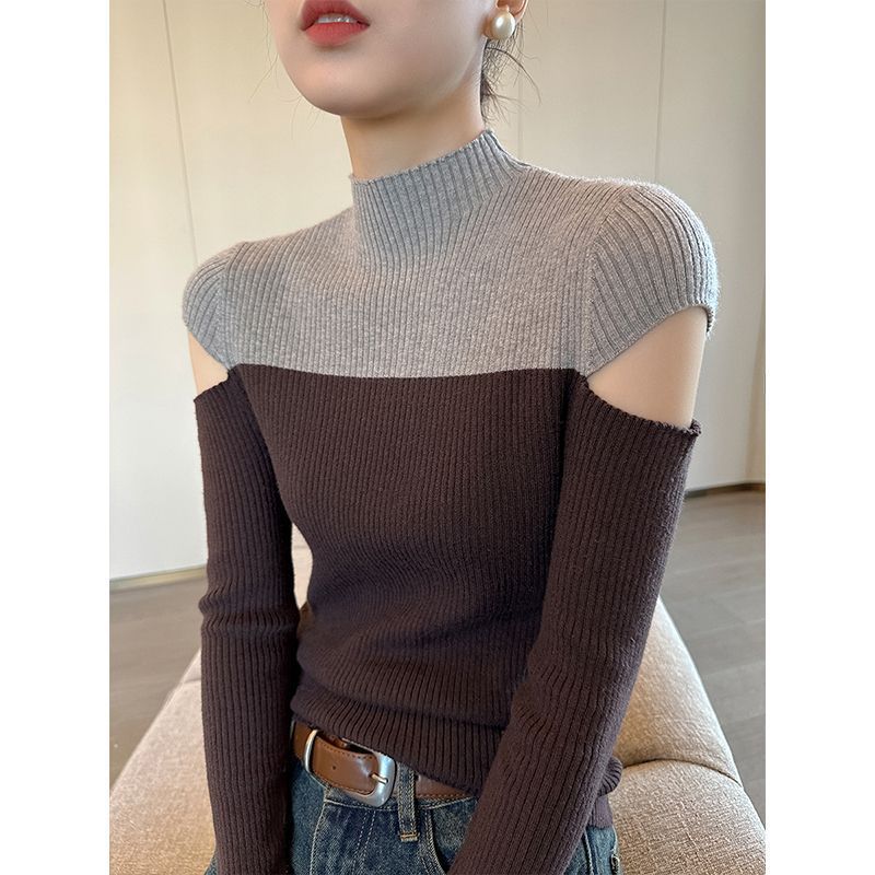 新款拼色半高领露肩针织衫女秋季设计感小众打底毛衣