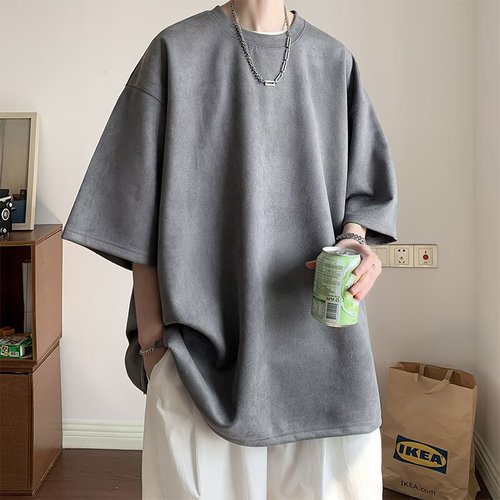 Simple Color Korean Cowhide Fleece Round Neck Short Sleeve T-Shirt Summer New Men and Women's Large Size Loose Matchy Top